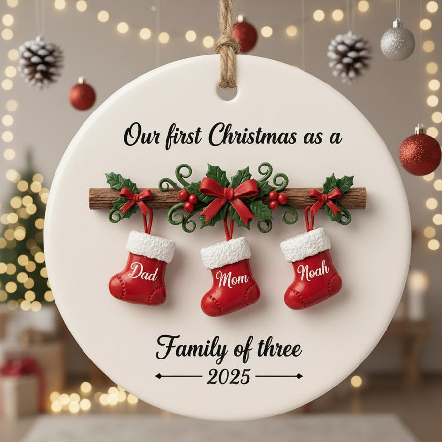Personalized 2D Family Christmas Ornament 2025, Custom Family of Three Ceramic Ornament, First Christmas Keepsake,Holiday Stocking Name Gift