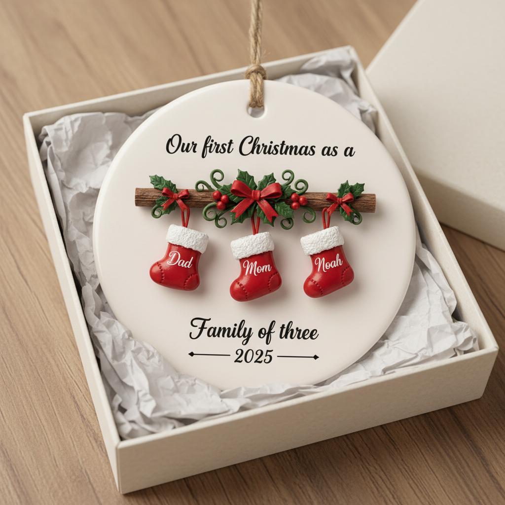 Personalized 2D Family Christmas Ornament 2025, Custom Family of Three Ceramic Ornament, First Christmas Keepsake,Holiday Stocking Name Gift