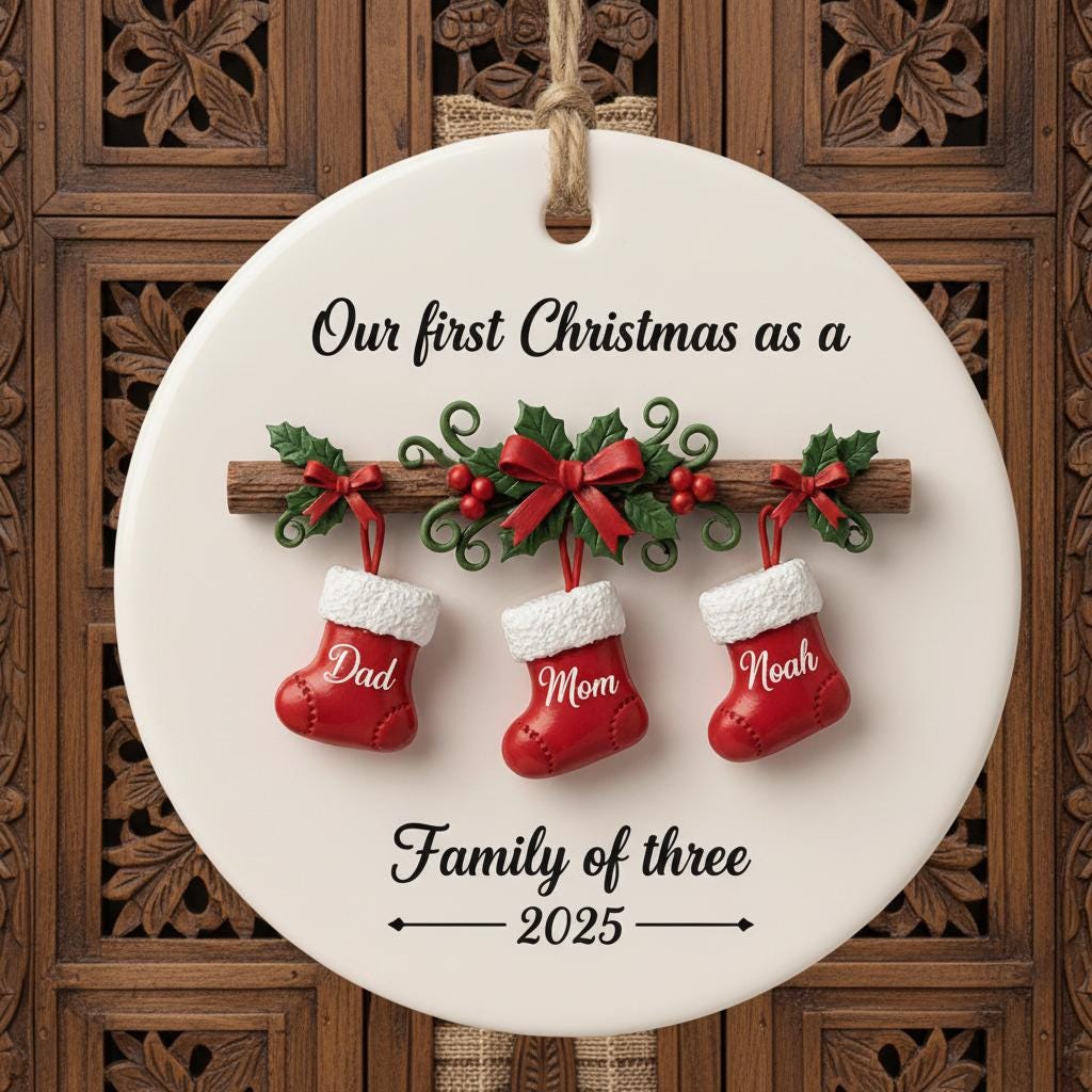 Personalized 2D Family Christmas Ornament 2025, Custom Family of Three Ceramic Ornament, First Christmas Keepsake,Holiday Stocking Name Gift
