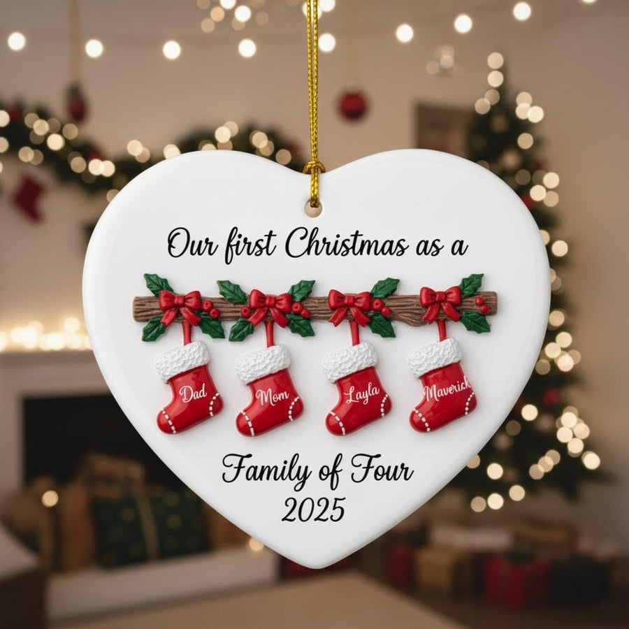 Personalized 2D Family of Four Christmas Ornament, Custom Ceramic Holiday Ornament with Names, First Christmas as a Family Keepsake Gift