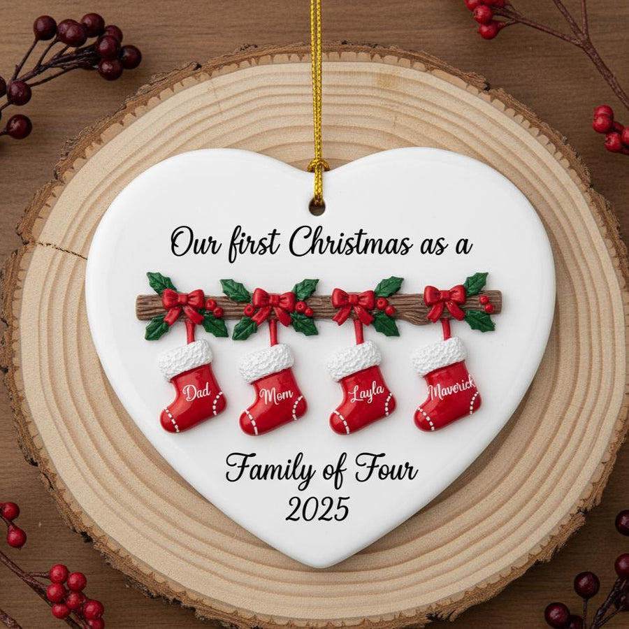Personalized 2D Family of Four Christmas Ornament, Custom Ceramic Holiday Ornament with Names, First Christmas as a Family Keepsake Gift