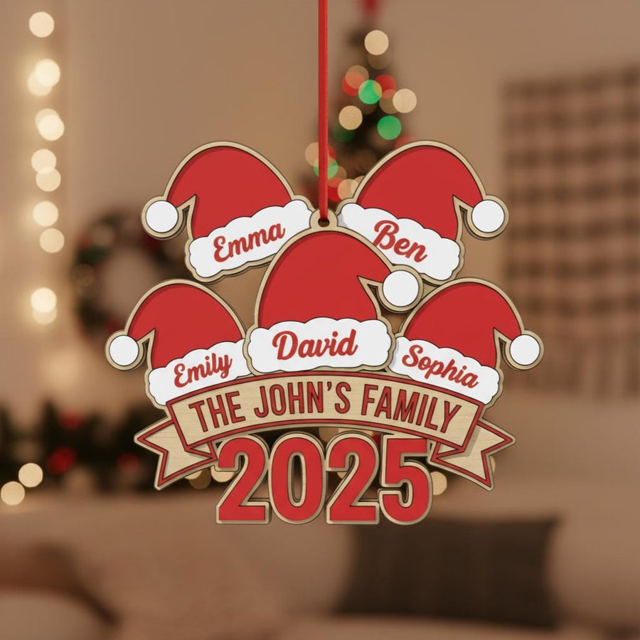 Personalized Family Christmas Ornament 2025, Custom Wood Holiday Decor with Names & Family Name, Santa Hat Tree Ornament, Gift for Families