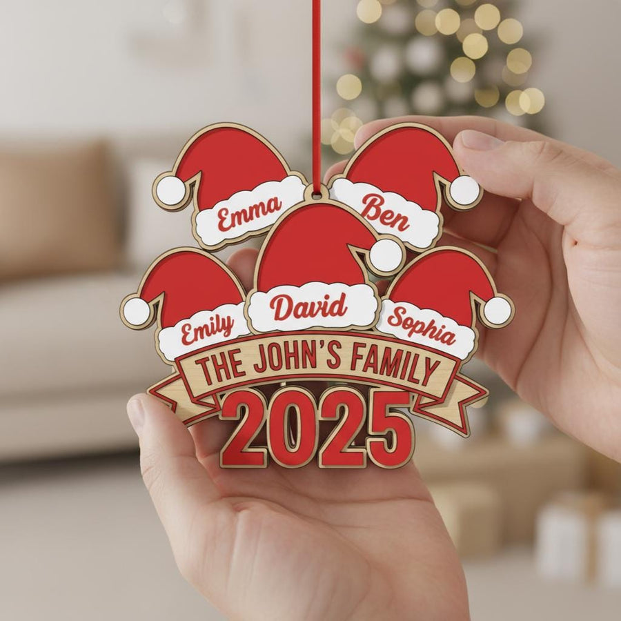 Personalized Family Christmas Ornament 2025, Custom Wood Holiday Decor with Names & Family Name, Santa Hat Tree Ornament, Gift for Families