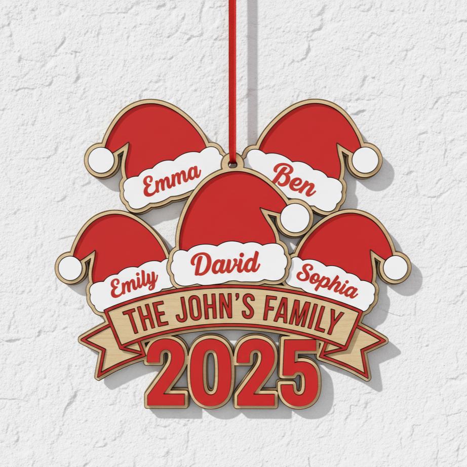 Personalized Family Christmas Ornament 2025, Custom Wood Holiday Decor with Names & Family Name, Santa Hat Tree Ornament, Gift for Families