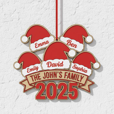 Personalized Family Christmas Ornament 2025, Custom Wood Holiday Decor with Names & Family Name, Santa Hat Tree Ornament, Gift for Families