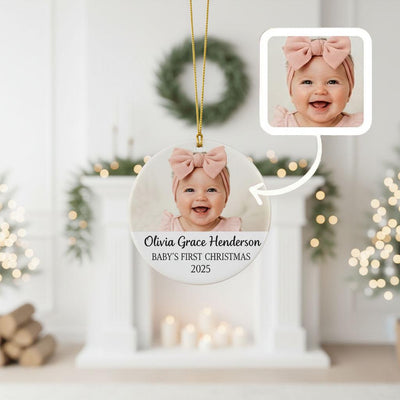 Baby’s First Christmas Ornament, Personalized Baby Photo Ornament, Custom Ceramic Name Ornament, Newborn Christmas Keepsake Gift for Family