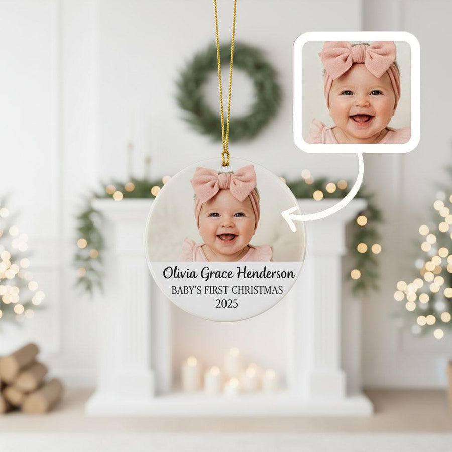 Baby’s First Christmas Ornament, Personalized Baby Photo Ornament, Custom Ceramic Name Ornament, Newborn Christmas Keepsake Gift for Family