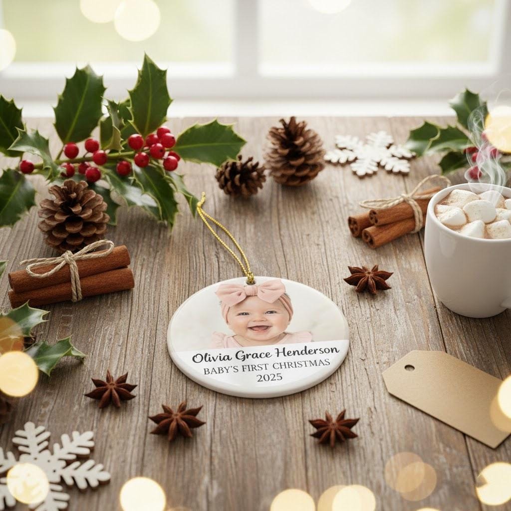 Baby’s First Christmas Ornament, Personalized Baby Photo Ornament, Custom Ceramic Name Ornament, Newborn Christmas Keepsake Gift for Family