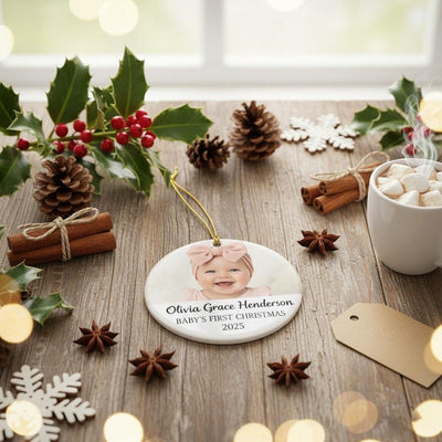 Baby’s First Christmas Ornament, Personalized Baby Photo Ornament, Custom Ceramic Name Ornament, Newborn Christmas Keepsake Gift for Family