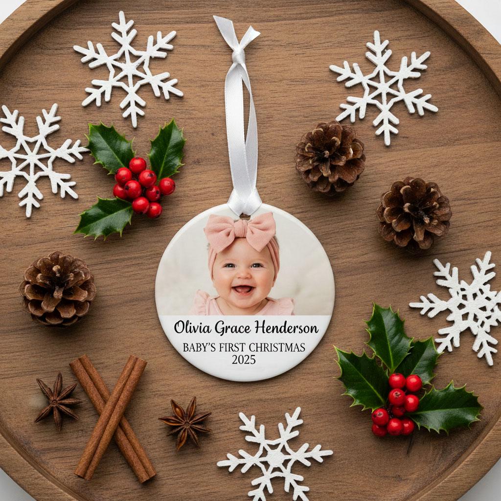 Baby’s First Christmas Ornament, Personalized Baby Photo Ornament, Custom Ceramic Name Ornament, Newborn Christmas Keepsake Gift for Family