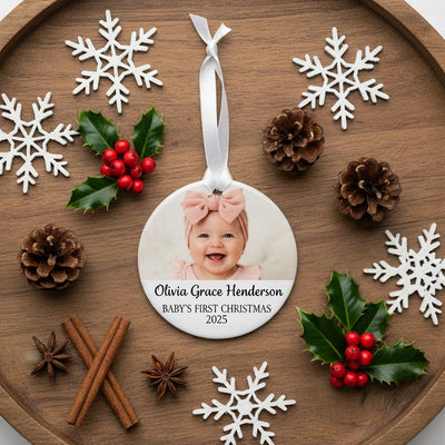Baby’s First Christmas Ornament, Personalized Baby Photo Ornament, Custom Ceramic Name Ornament, Newborn Christmas Keepsake Gift for Family