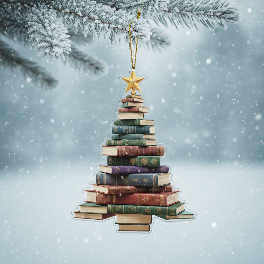 2D Book Lover Christmas Ornament, Acrylic Book Tree Ornament, Librarian Gift Holiday Decor, Reading Lover Christmas Gift,Book Stack Ornament