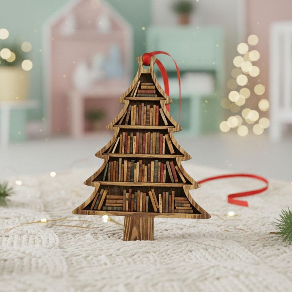 3 Layer Book Tree Christmas Ornament, Book Lover Holiday Decor, Rustic Bookshelf Tree Ornament, Librarian Reader Gift, Cozy Christmas Decor