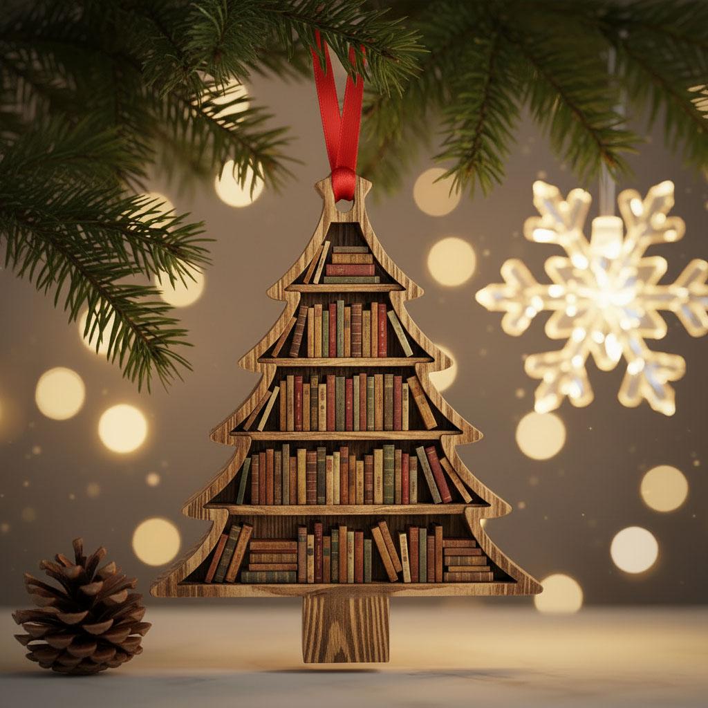 3 Layer Book Tree Christmas Ornament, Book Lover Holiday Decor, Rustic Bookshelf Tree Ornament, Librarian Reader Gift, Cozy Christmas Decor