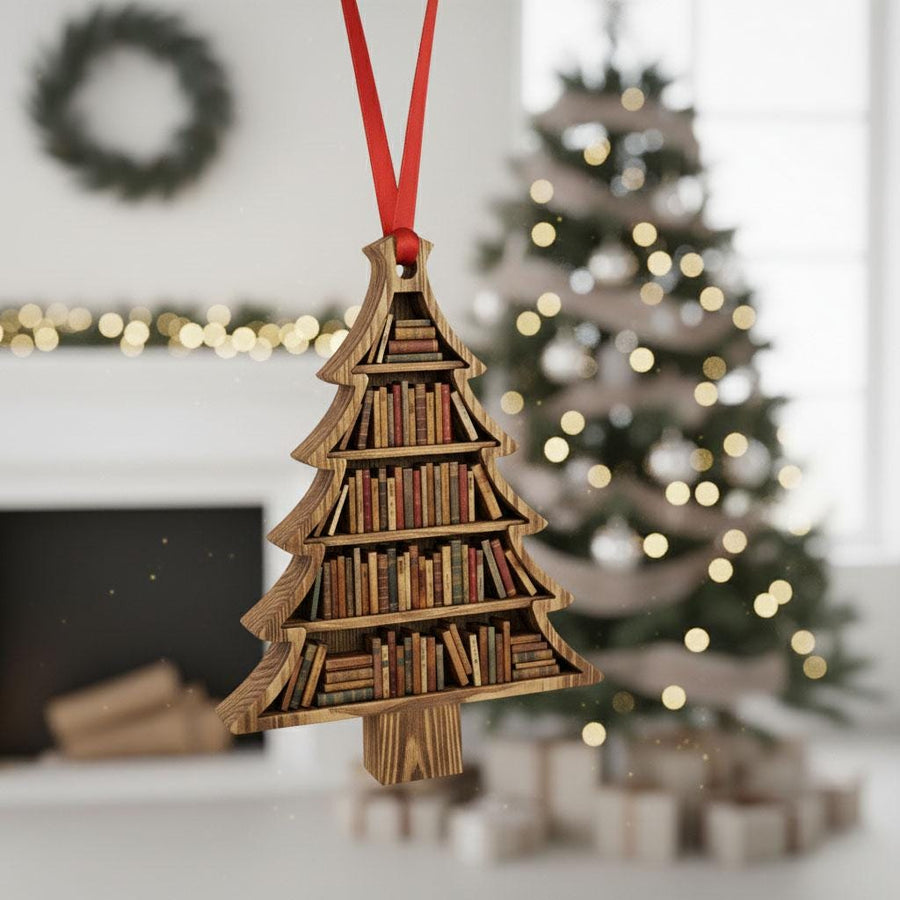 3 Layer Book Tree Christmas Ornament, Book Lover Holiday Decor, Rustic Bookshelf Tree Ornament, Librarian Reader Gift, Cozy Christmas Decor