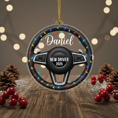New Driver Christmas Ornament 2025, Personalized Steering Wheel Ornament, Custom Name Acrylic Car Gift, Teen Driver Holiday Keepsake