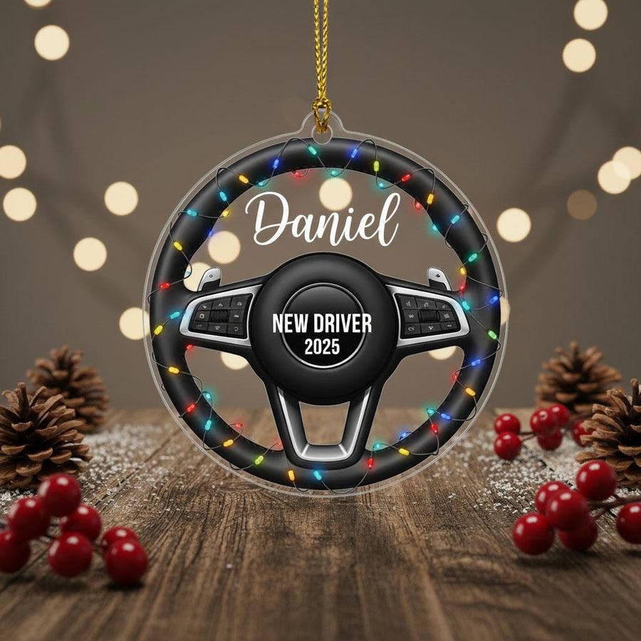 New Driver Christmas Ornament 2025, Personalized Steering Wheel Ornament, Custom Name Acrylic Car Gift, Teen Driver Holiday Keepsake