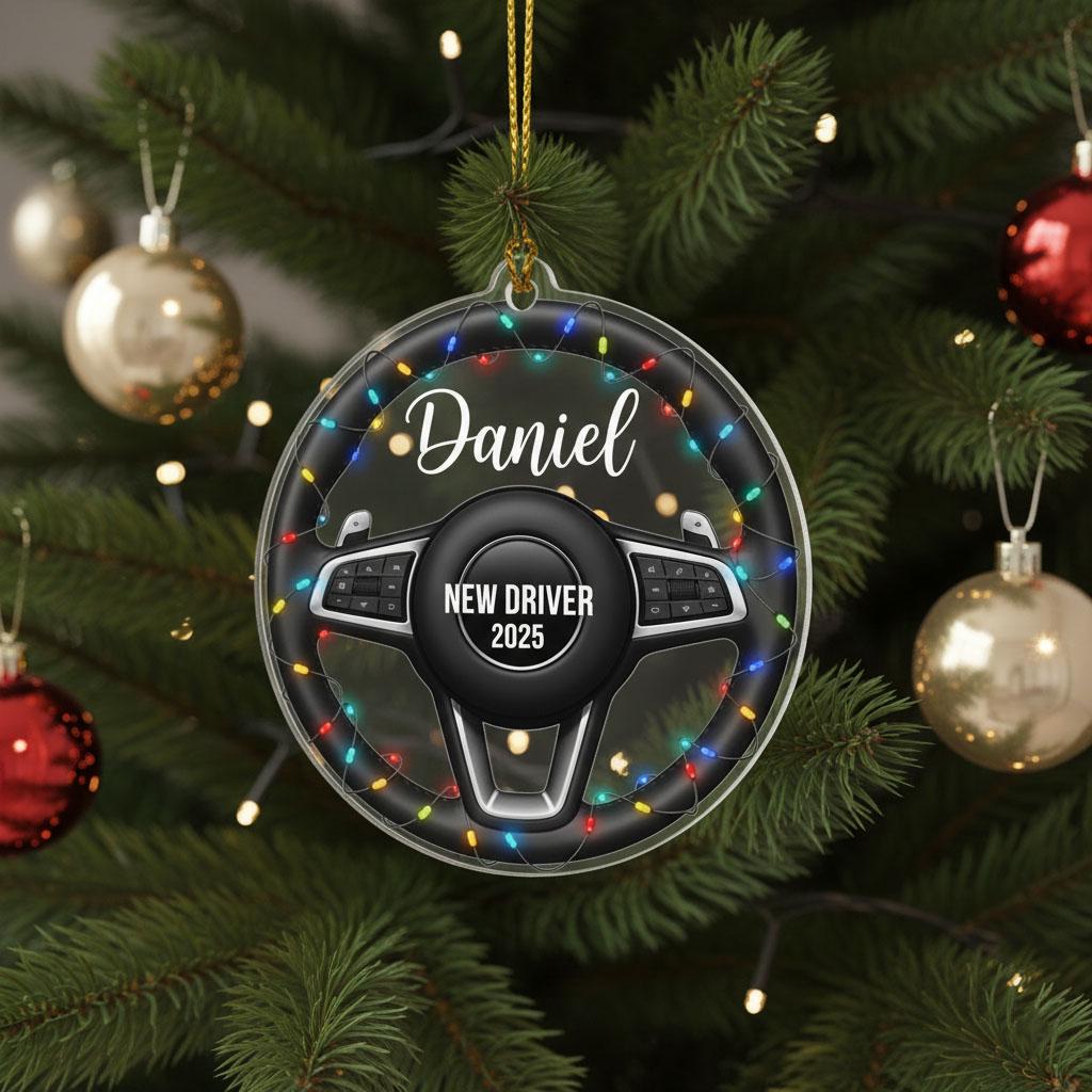 New Driver Christmas Ornament 2025, Personalized Steering Wheel Ornament, Custom Name Acrylic Car Gift, Teen Driver Holiday Keepsake