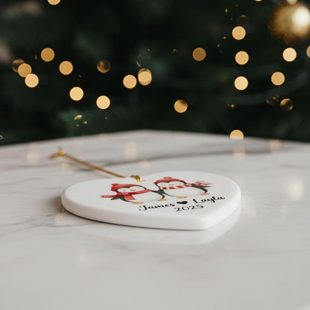 Personalized Couple Penguin Christmas Ornament, Custom Names Ceramic Heart Keepsake, Cute Winter Holiday Gift for Couples, Anniversary Decor