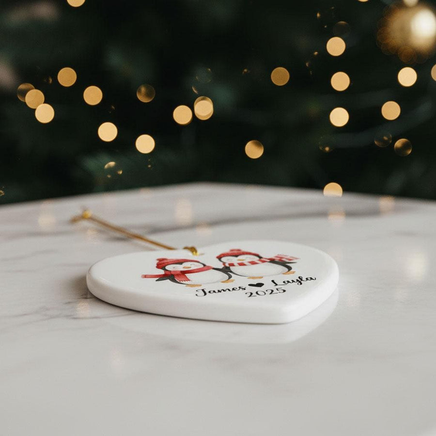 Personalized Couple Penguin Christmas Ornament, Custom Names Ceramic Heart Keepsake, Cute Winter Holiday Gift for Couples, Anniversary Decor