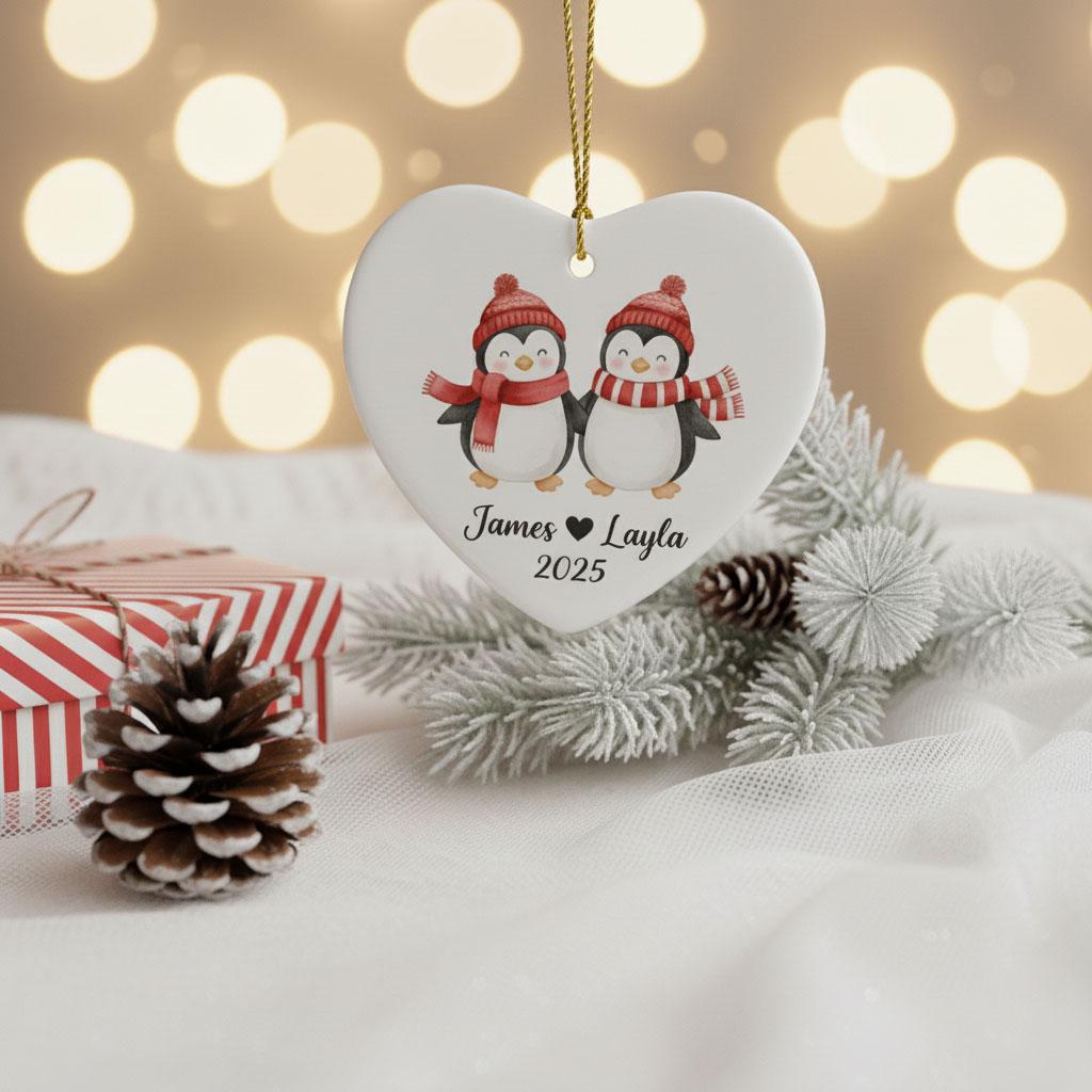 Personalized Couple Penguin Christmas Ornament, Custom Names Ceramic Heart Keepsake, Cute Winter Holiday Gift for Couples, Anniversary Decor