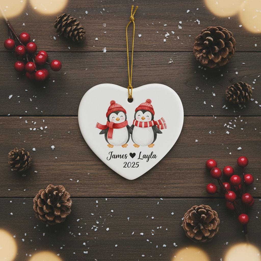 Personalized Couple Penguin Christmas Ornament, Custom Names Ceramic Heart Keepsake, Cute Winter Holiday Gift for Couples, Anniversary Decor