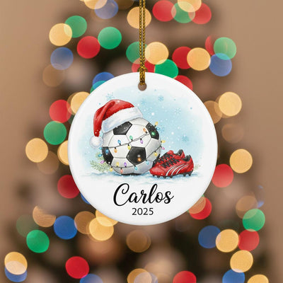 Personalized Soccer Christmas Ornament, Custom Name Year Soccer Gift for Kids, Ceramic Soccer Ball Holiday Decor, Boys Girls Xmas Keepsake