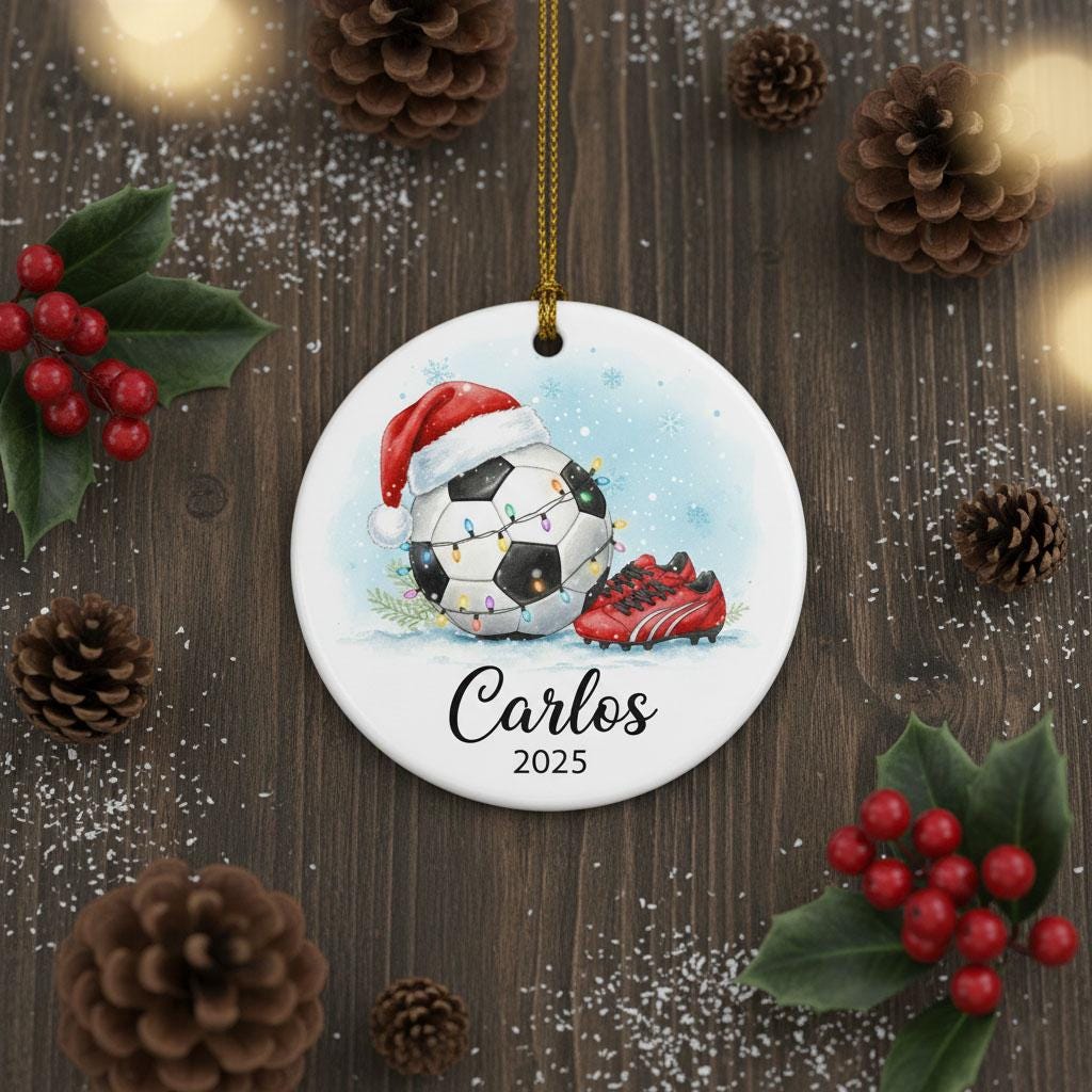 Personalized Soccer Christmas Ornament, Custom Name Year Soccer Gift for Kids, Ceramic Soccer Ball Holiday Decor, Boys Girls Xmas Keepsake