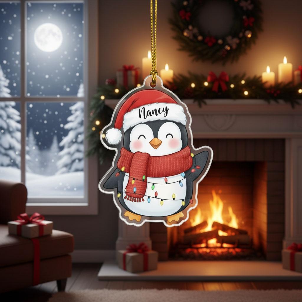 Personalized Penguin Christmas Ornament for Kids, Custom Name Acrylic Holiday Decoration, Cute Winter Tree Ornament, Christmas Gift 2025
