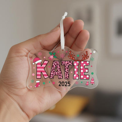 Personalized Acrylic Christmas Ornament, Custom Pink Name Decoration, Cute Holiday Gift for Girls, Festive Tree Keepsake with Year Design