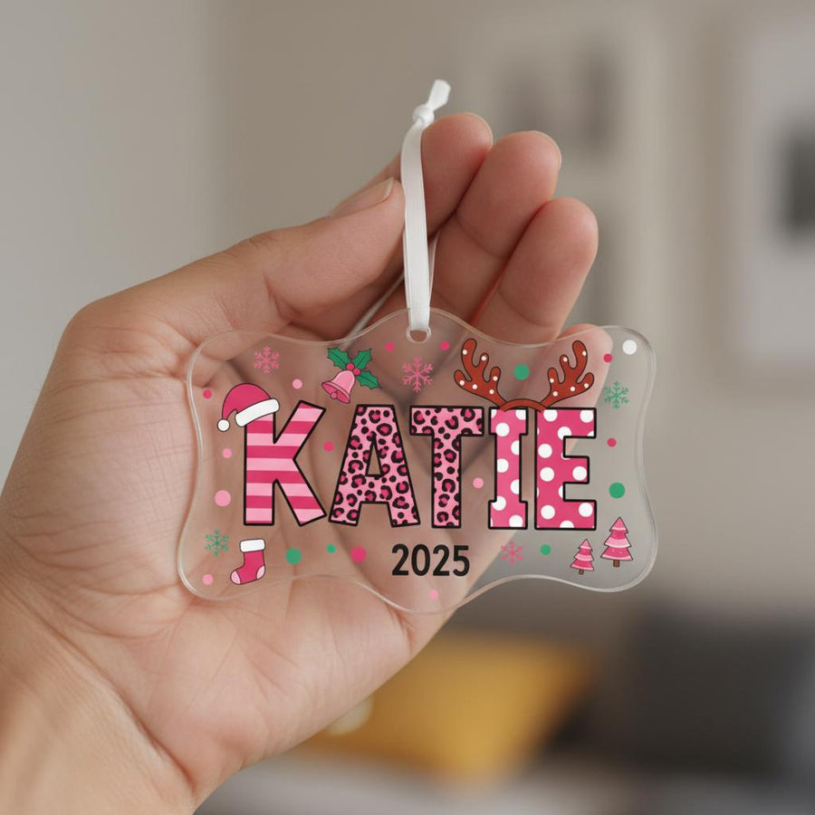 Personalized Acrylic Christmas Ornament, Custom Pink Name Decoration, Cute Holiday Gift for Girls, Festive Tree Keepsake with Year Design