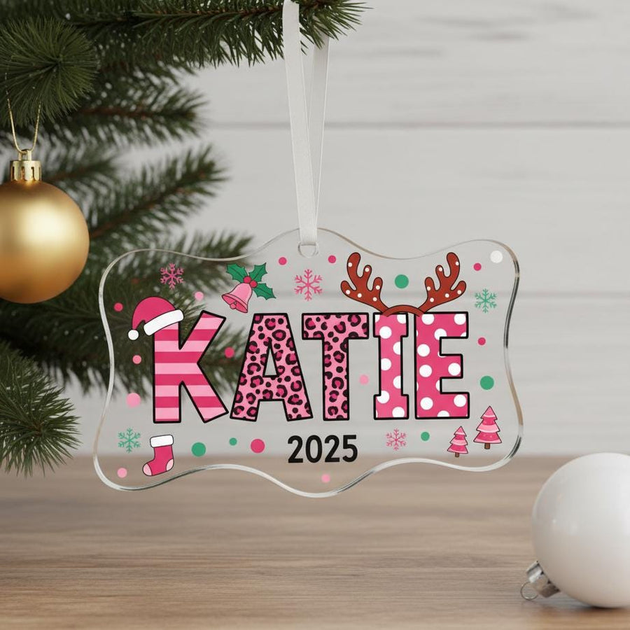 Personalized Acrylic Christmas Ornament, Custom Pink Name Decoration, Cute Holiday Gift for Girls, Festive Tree Keepsake with Year Design