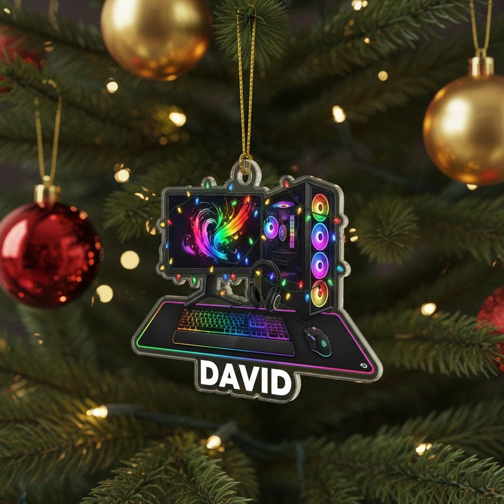 Personalized Gaming PC Ornament with Custom Name, RGB Gamer Christmas Decor, Custom Gaming Setup Ornament, Gift for Gamers, Holiday Keepsake