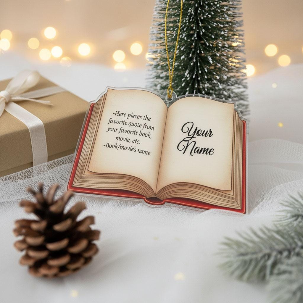 Personalized Book Ornament with Custom Name, Custom Quote Christmas Ornament, Reader Gift, Book Lover Tree Decor, Literary Ornament for Xmas