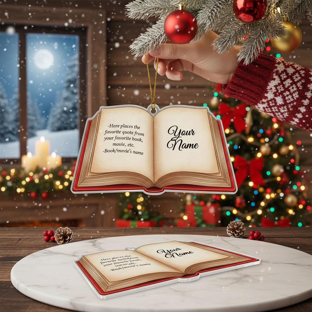 Personalized Book Ornament with Custom Name, Custom Quote Christmas Ornament, Reader Gift, Book Lover Tree Decor, Literary Ornament for Xmas