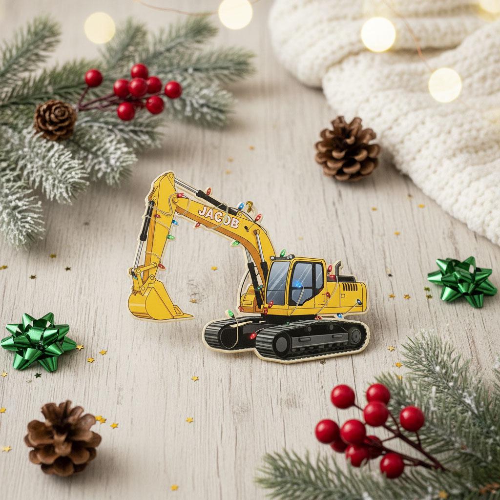 Personalized Excavator Christmas Ornament, Custom Name Construction Truck Decor, Kids Bulldozer Holiday Gift, Acrylic Tree Ornament for Boys