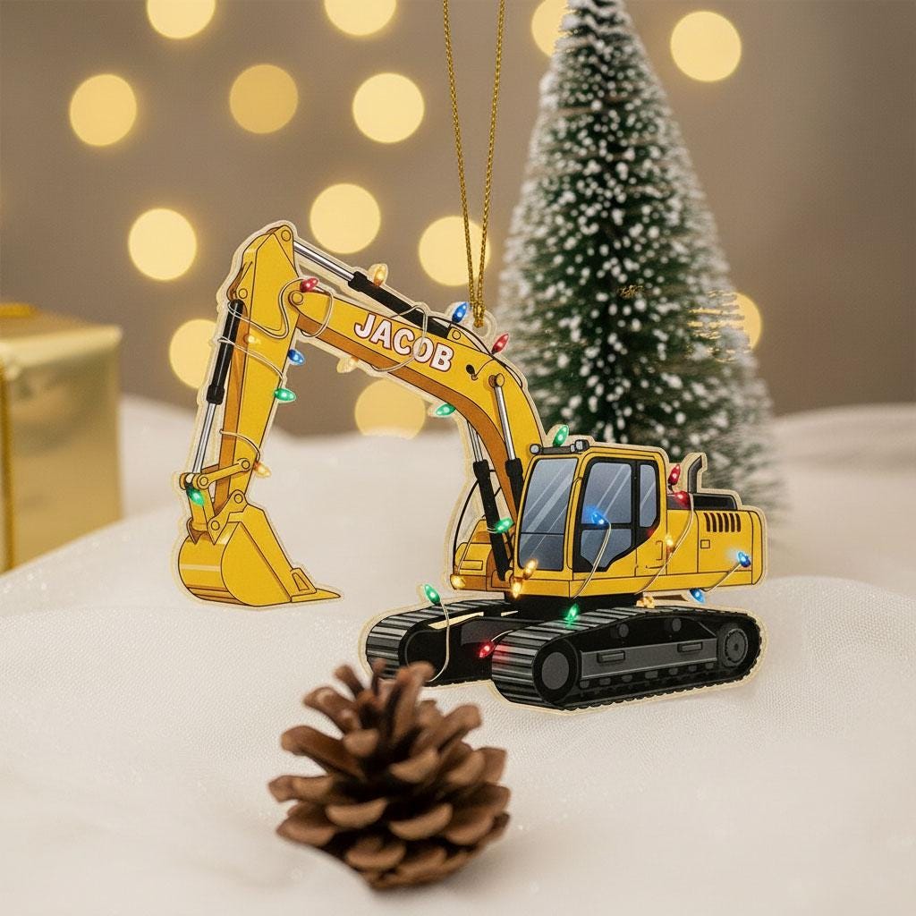Personalized Excavator Christmas Ornament, Custom Name Construction Truck Decor, Kids Bulldozer Holiday Gift, Acrylic Tree Ornament for Boys
