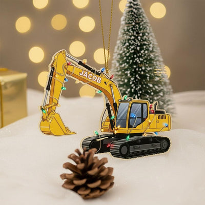 Personalized Excavator Christmas Ornament, Custom Name Construction Truck Decor, Kids Bulldozer Holiday Gift, Acrylic Tree Ornament for Boys
