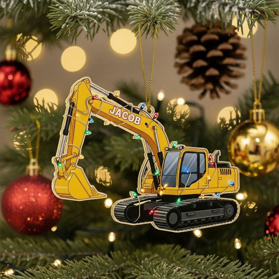 Personalized Excavator Christmas Ornament, Custom Name Construction Truck Decor, Kids Bulldozer Holiday Gift, Acrylic Tree Ornament for Boys
