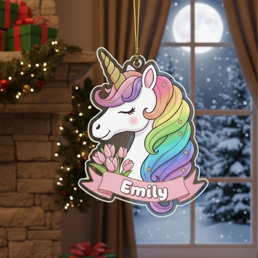 Personalized Unicorn Christmas Ornament, Custom Girl Name Ornament, Kids Holiday Decor, Pastel Rainbow Unicorn Gift, Acrylic Xmas Keepsake