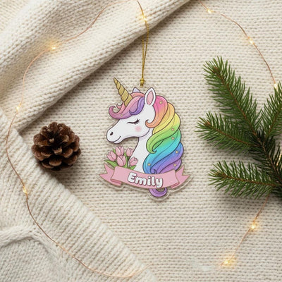 Personalized Unicorn Christmas Ornament, Custom Girl Name Ornament, Kids Holiday Decor, Pastel Rainbow Unicorn Gift, Acrylic Xmas Keepsake