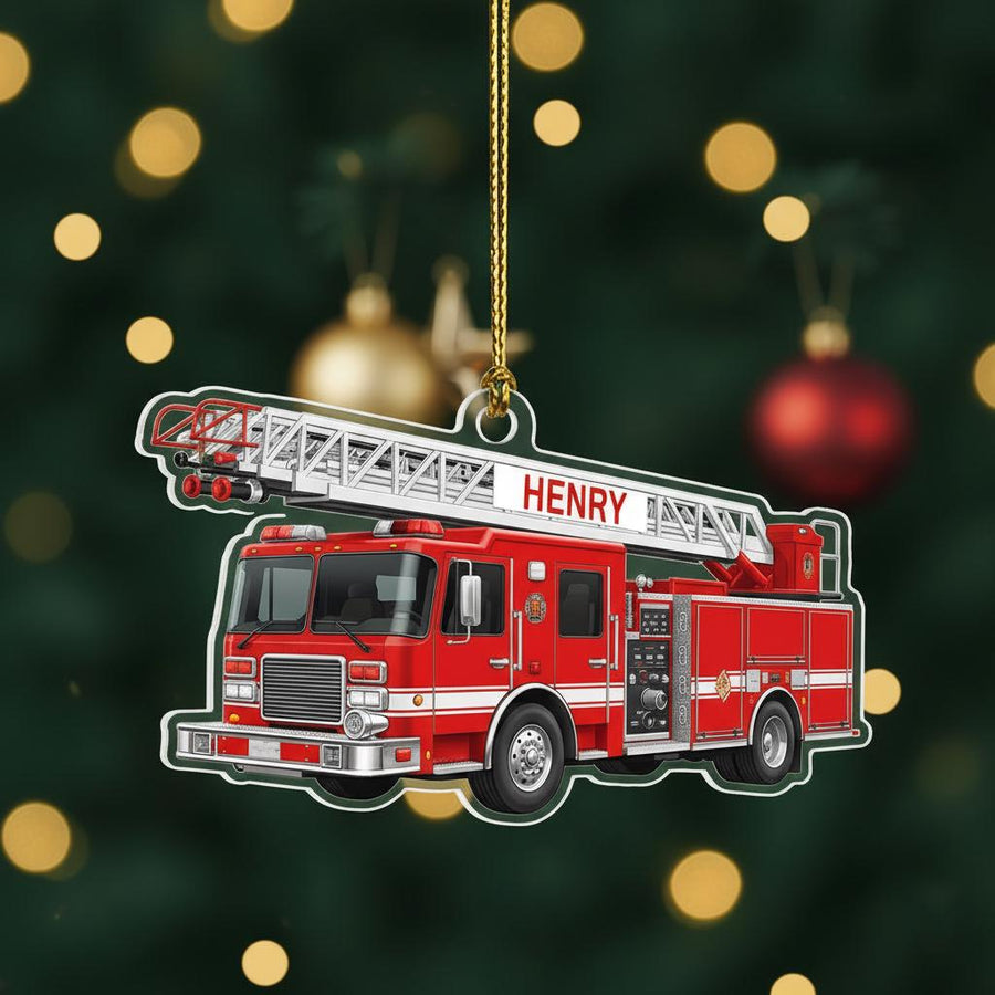 Personalized Fire Truck Christmas Ornament, Custom Name Firefighter Gift, Acrylic 2D Ladder Truck Decor, Xmas Tree Holiday Keepsake for Kids