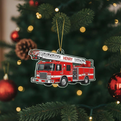 Personalized Fire Truck Christmas Ornament, Custom Name Firefighter Gift, Acrylic 2D Ladder Truck Decor, Xmas Tree Holiday Keepsake for Kids