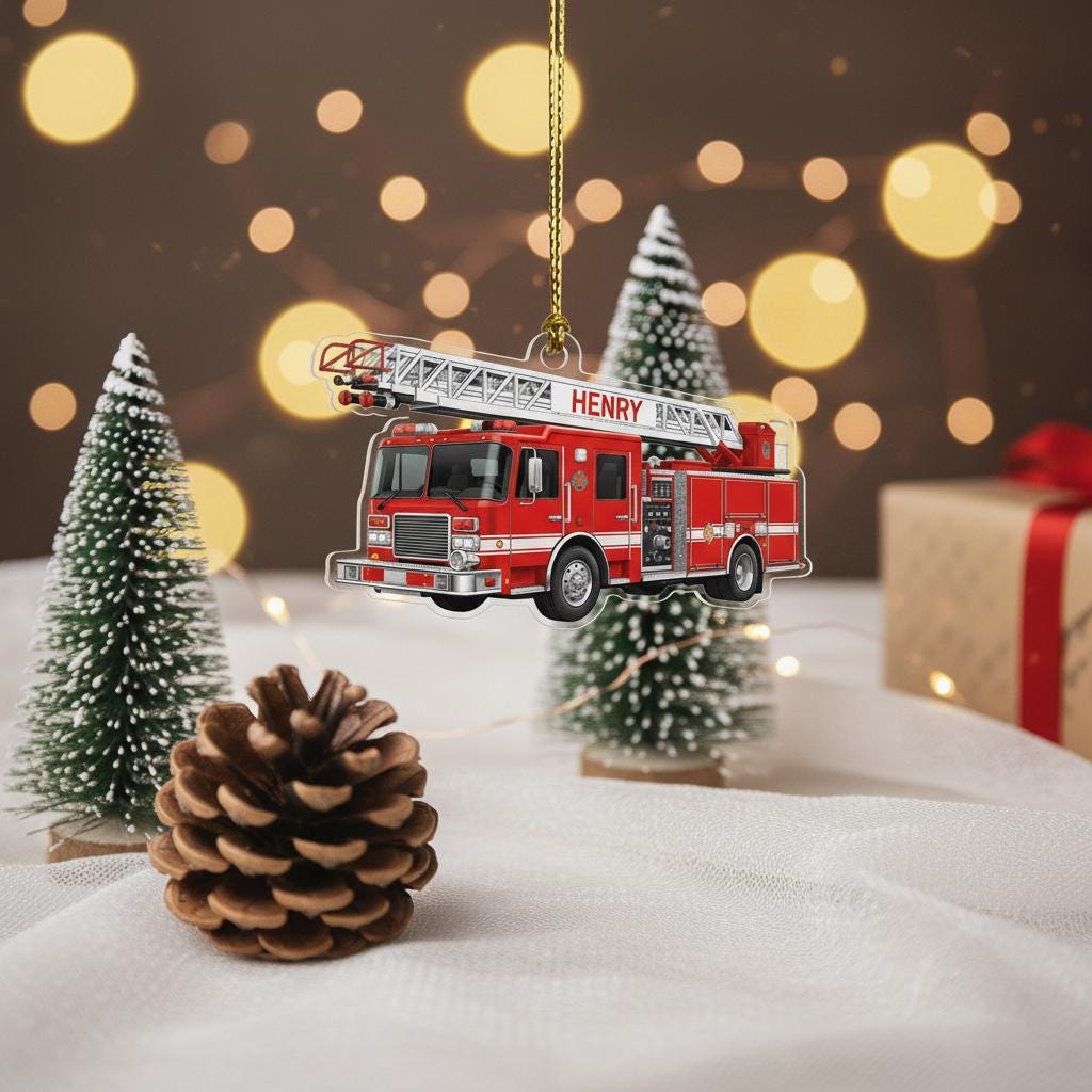 Personalized Fire Truck Christmas Ornament, Custom Name Firefighter Gift, Acrylic 2D Ladder Truck Decor, Xmas Tree Holiday Keepsake for Kids