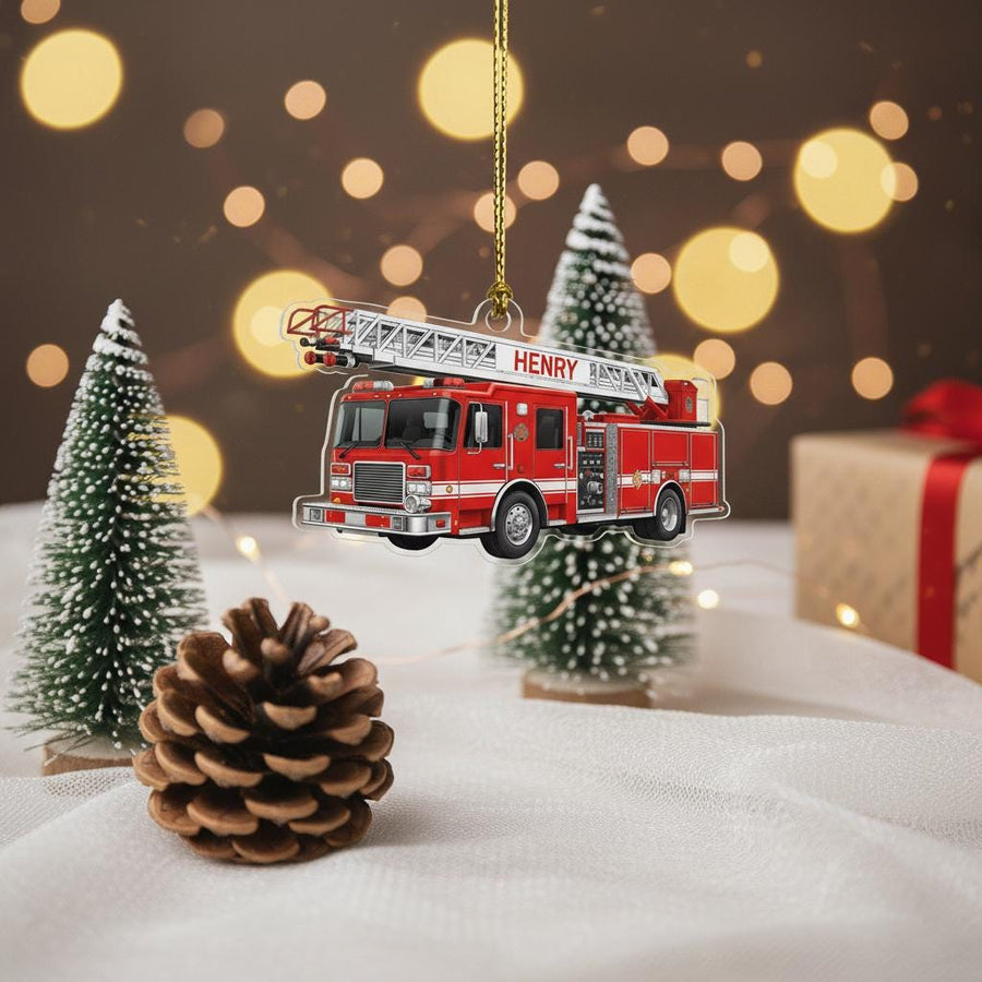 Personalized Fire Truck Christmas Ornament, Custom Name Firefighter Gift, Acrylic 2D Ladder Truck Decor, Xmas Tree Holiday Keepsake for Kids