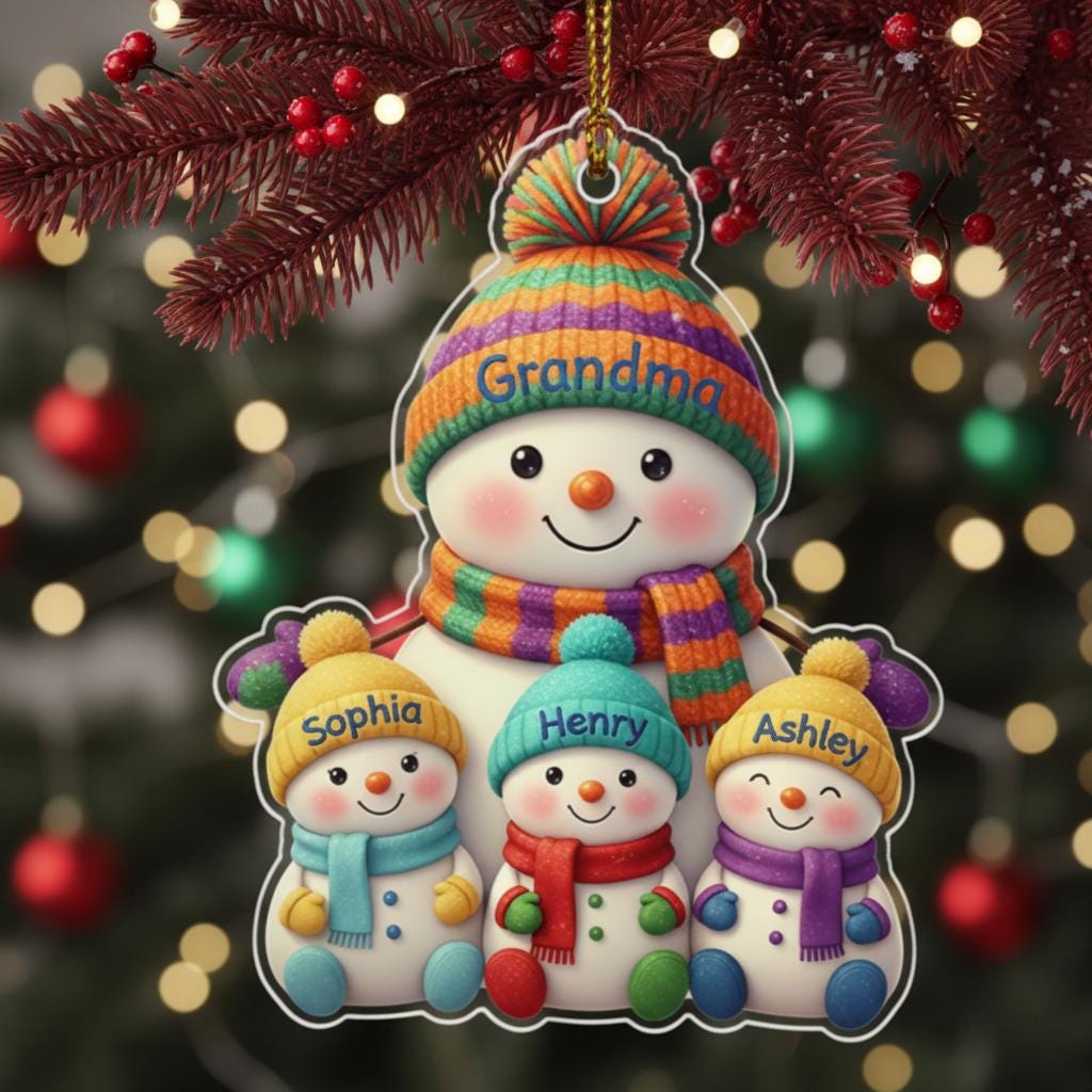 Personalized Snowman Family Christmas Ornament, Custom Names Acrylic Ornament, Family of Snowmen Gift, Holiday Decor for Grandma & Kids 2025