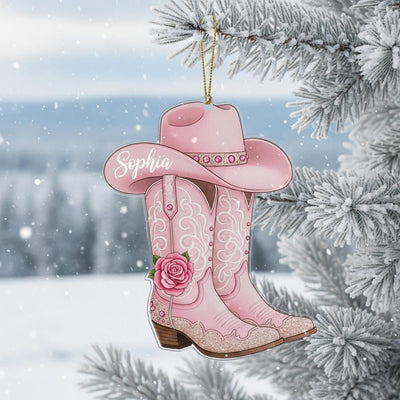 Personalized Cowgirl Christmas Ornament, Custom Pink Boots Decor, Acrylic Western Gift for Girls, Custom Name Cowgirl Holiday Keepsake