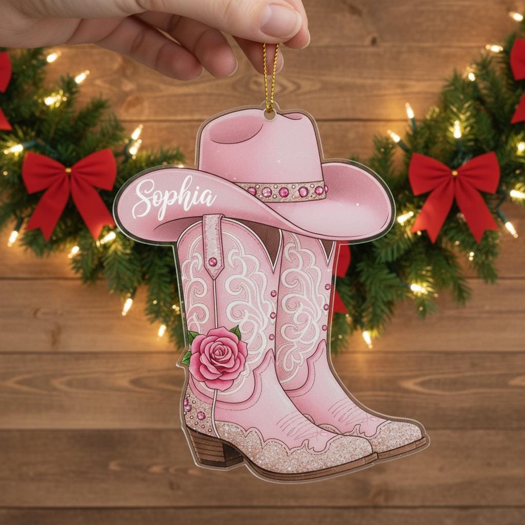 Personalized Cowgirl Christmas Ornament, Custom Pink Boots Decor, Acrylic Western Gift for Girls, Custom Name Cowgirl Holiday Keepsake