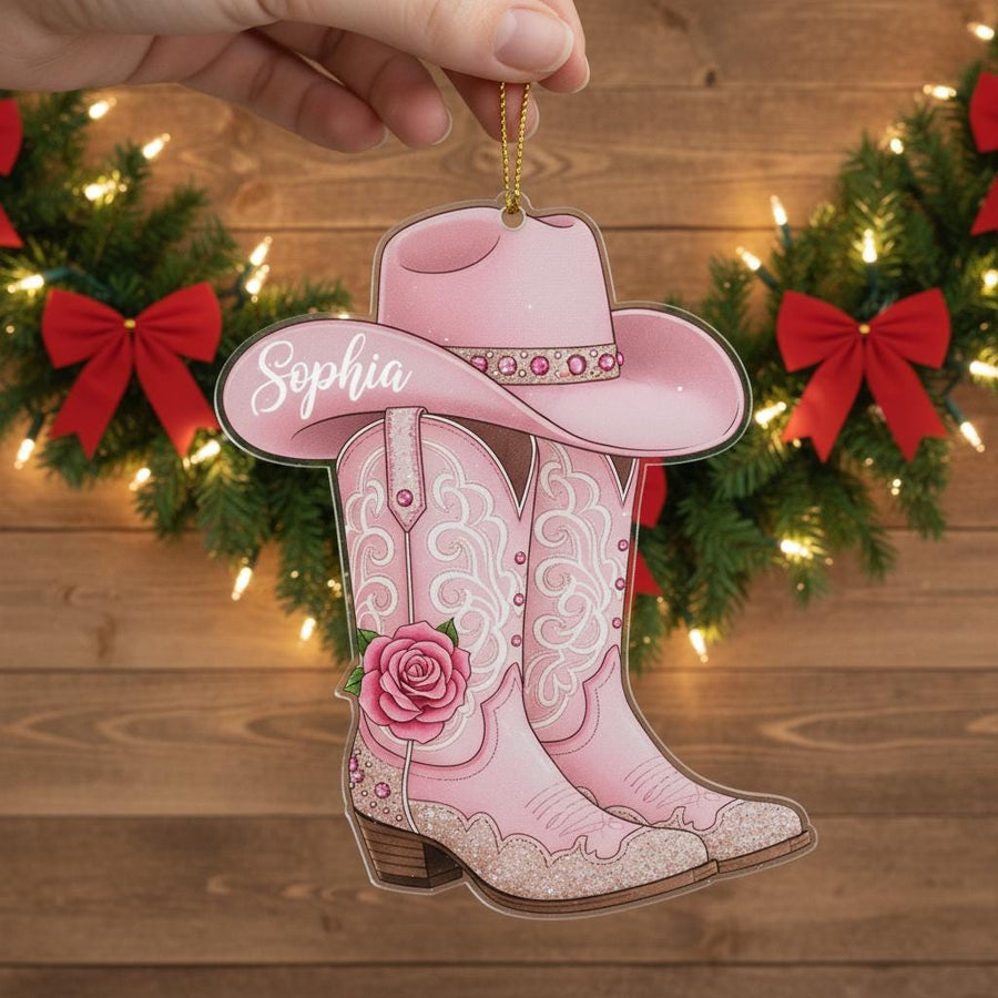 Personalized Cowgirl Christmas Ornament, Custom Pink Boots Decor, Acrylic Western Gift for Girls, Custom Name Cowgirl Holiday Keepsake