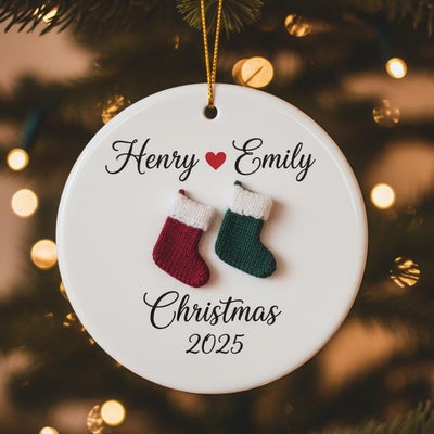 Personalized 2D Couple Christmas Ornament, Custom Names Ceramic Ornament, Heart Love Holiday Gift, Romantic Keepsake for Him Her, Xmas Decor